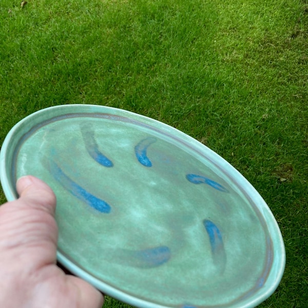 Ceramic dinner plate, Coastal blue green, handmade pottery lunch platter, hand thrown