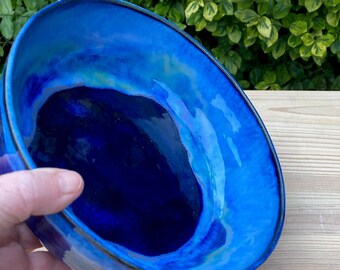 Handmade ceramic bowl, Cobalt blue pottery dish, wheel thrown fruit, salad, serving bowl