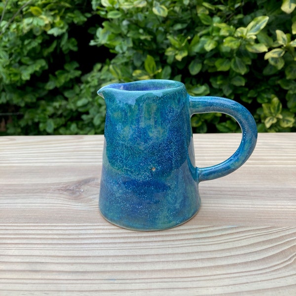 Small handmade jug in Waterfall blue green, ceramic wheel thrown, hand glazed pottery