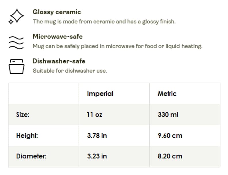 May include: Information about a glossy ceramic mug, microwave-safe, and dishwasher-safe. The mug is 11 oz in size, 3.78 inches in height, and 3.23 inches in diameter.