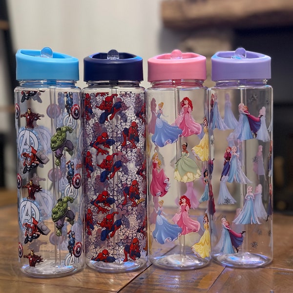 Personalised Disney Marvel water bottle,kids,children,back to school,hulk,disney,princess,belle,repunzel,spiderman,frozen,Ariel,Cinderella