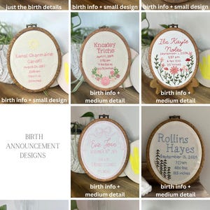 May include: A collection of oval wooden embroidery hoops featuring personalized birth announcements. Each hoop contains white fabric embroidered with names, dates, times, and birth measurements in inches and pounds, some accented with floral or animal motifs.