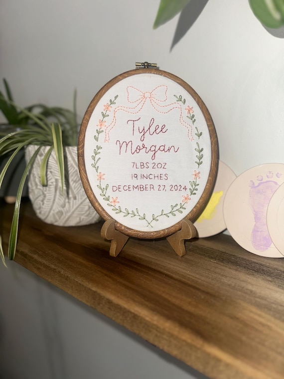 Custom Hand Embroidered Birth Announcement Keepsake