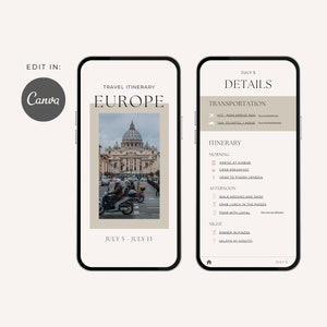 Travel Itinerary Template Mobile Minimal, Editable Travel Template, Digital Itinerary, Trip Planner, Traveling Guide, Canva, TI01