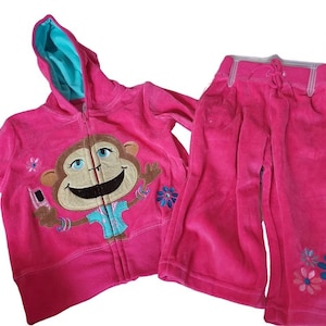 Vintage Baby Girl Outfit  | Retro Groovy Flower Power | 2 pc set | Zip Up Hoodie Drawstring Pants | Pink Purple | Monkey | 70s clothing 80s