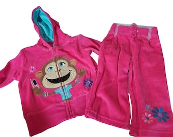 Vintage Baby Girl Outfit  | Retro Groovy Flower Power | 2 pc set | Zip Up Hoodie Drawstring Pants | Pink Purple | Monkey | 70s clothing 80s