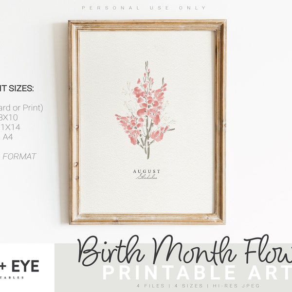 August Birth Month Flower Printable, Watercolor Gladiolus, Digital Greeting Card, Printable Wall Art, Mother's Day Gift, INSTANT DOWNLOAD