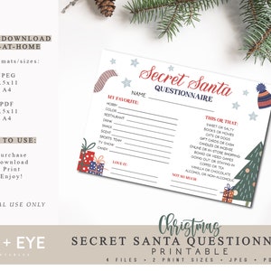 Geheime Santa-vragenlijst afdrukbaar, kerstcadeau-uitwisseling afdrukbaar, volwassen cadeau-uitwisseling afdrukbaar, INSTANT DOWNLOAD