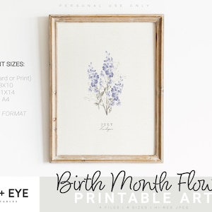 Juillet naissance mois fleur imprimable, pied d'alouette aquarelle, carte de voeux numérique, art mural imprimable, cadeau de la fête des mères, téléchargement immédiat
