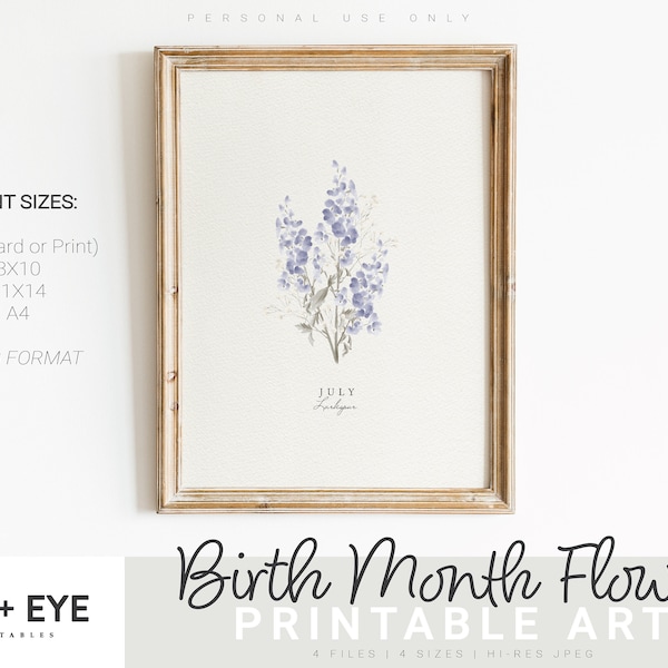 July Birth Month Flower Printable, Watercolor Larkspur, Digital Greeting Card, Printable Wall Art, Mother's Day Gift, INSTANT DOWNLOAD