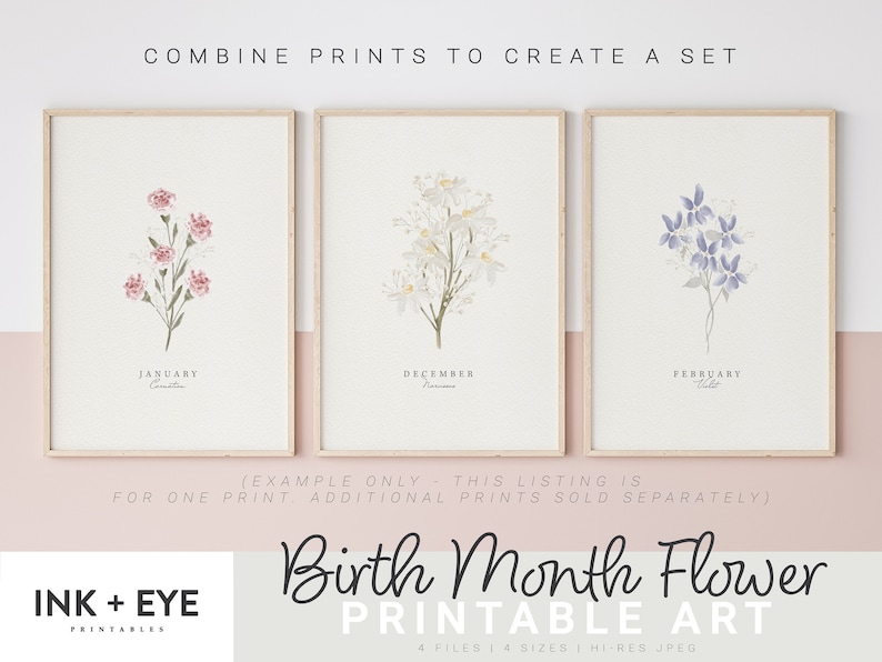 Op de afbeelding: Printbare kunst met aquarel-illustraties van bloemen die elke maand van het jaar vertegenwoordigen. De prints zijn gelabeld met de maand en de naam van de bloem. De tekst "Combine prints to create a set" staat bovenaan de afbeelding. De tekst "(Example only - this listing is for one print, additional prints sold separately)" staat onder de prints. De tekst "Ink + Eye Printables" staat in de linkerbenedenhoek. De tekst "Birth Month Flower Printable Art" staat in het midden onderaan. De tekst "4 files | 4 sizes | Hi-res JPEG" staat in de rechterbenedenhoek.