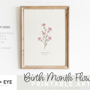 Enero mes de nacimiento flor imprimible, clavel de acuarela, tarjeta de felicitación digital, arte de pared imprimible, regalo del día de la madre, DESCARGA INSTANTE
