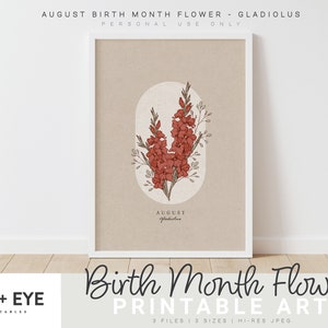 May include: Printable art print featuring a vintage illustration of a gladiolus flower, the birth month flower for August. The print has a beige background with the text "August Gladiolus" at the bottom.