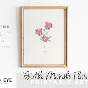 Juin Naissance Mois Fleur Imprimable, Aquarelle Rose, Carte de Voeux Numérique, Art Mural Imprimable, Cadeau Fête des Mères, TÉLÉCHARGEMENT INSTANTANÉ