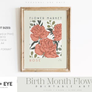 Rosa del mercado de flores para imprimir, mes de nacimiento de junio, flor del mes de nacimiento, póster del mercado de flores, impresión botánica MCM, DESCARGA INSTANTÁNEA