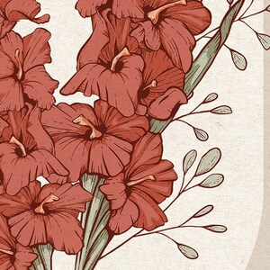 May include: A bouquet of red gladiolus flowers with green stems and leaves on a cream background.