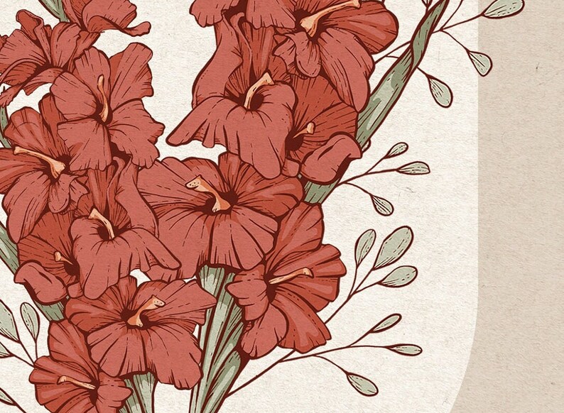 May include: A bouquet of red gladiolus flowers with green stems and leaves on a cream background.