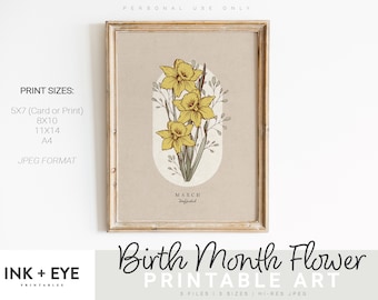 Daffodil Flower Print: Vintage March Birth Month Art (Digital Download)