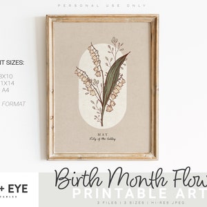May include: A framed print with a botanical illustration of Lily of the Valley, the May birth flower. The artwork is set against a beige background within an oval shape. Print sizes are 8x10 inches, 11x14 inches, and A4, in JPEG format. The text "Birth Month Flower" is at the bottom.