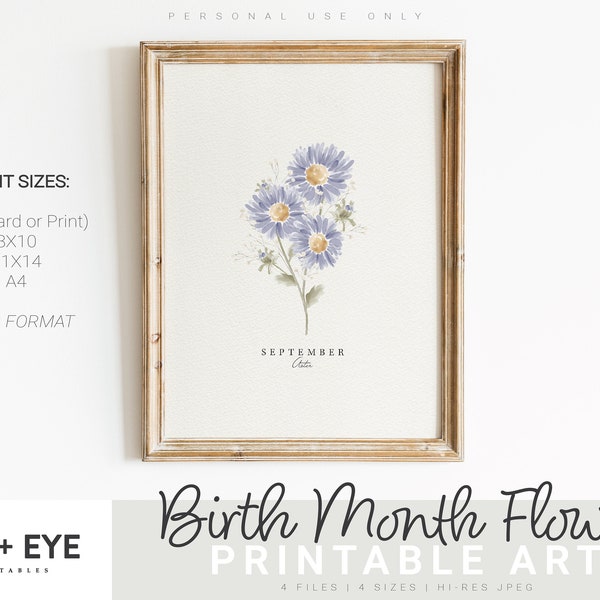 September Birth Month Flower Printable, Watercolor Aster, Digital Greeting Card, Printable Wall Art, Mother's Day Gift, INSTANT DOWNLOAD