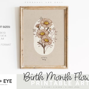 April Birth Month Flower Printable, Antique Vintage style, Daisy Wall Art, Printable Wall Art, Mother&#39;s Day Gift, INSTANT DOWNLOAD