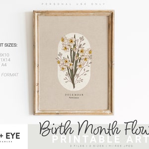 Flor del mes de nacimiento de diciembre imprimible, estilo vintage antiguo, estampado de flores de narciso, impresión de boticario, regalo del día de la madre, DESCARGA INSTANTÁNEA