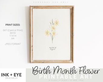 Utskrivbar blomma för mars födelsemånad, akvarell påsklilja, digitalt gratulationskort, utskrivbar väggkonst, mors dag-present, direkt nedladdning
