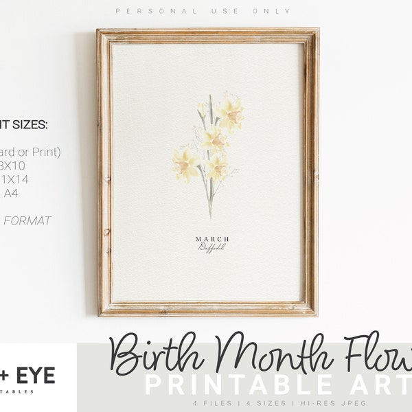 March Birth Month Flower Printable, Watercolor Daffodil, Digital Greeting Card, Printable Wall Art, Mother's Day Gift, INSTANT DOWNLOAD