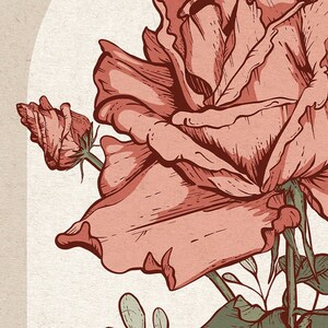 May include: A close-up of a pink rose with a bud, drawn in a vintage style. The rose is in focus, while the background is blurred.
