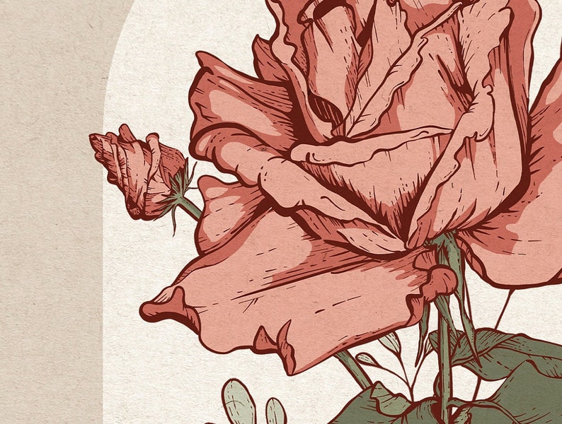 May include: A close-up of a pink rose with a bud, drawn in a vintage style. The rose is in focus, while the background is blurred.