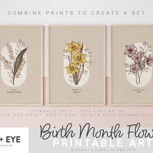 May include: Three printable art prints featuring vintage illustrations of flowers. Each print has a different flower and month, including Lily of the Valley for May, Daffodil for March, and Violet for February.