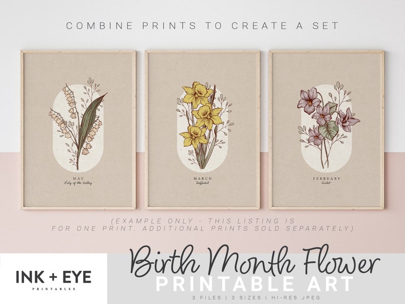 May include: Three printable art prints featuring vintage illustrations of flowers. Each print has a different flower and month, including Lily of the Valley for May, Daffodil for March, and Violet for February.