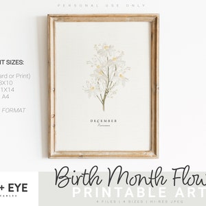 Flor do mês de nascimento de dezembro para impressão, narciso aquarela, cartão digital, arte de parede para impressão, presente de dia das mães, DOWNLOAD INSTANTÂNEO
