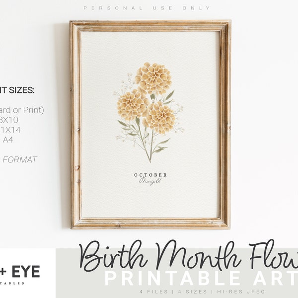 October Birth Month Flower Printable, Watercolor Marigold, Digital Greeting Card, Printable Wall Art, Mother's Day Gift, INSTANT DOWNLOAD