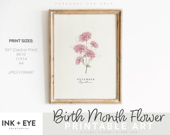 November Birth Month Flower Printable, Watercolor Chrysanthemum, Digital Greeting Card, Printable Art, Mother's Day Gift, INSTANT DOWNLOAD