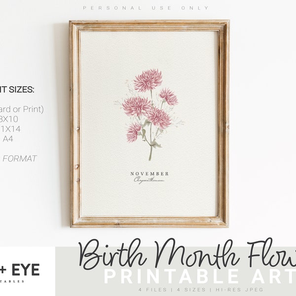 November Birth Month Flower Printable, Watercolor Chrysanthemum, Digital Greeting Card, Printable Art, Mother's Day Gift, INSTANT DOWNLOAD