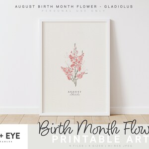 Op de afbeelding: Printbare kunst met een aquarel-illustratie van een roze gladioolbloem, de geboortemaandsbloem voor augustus. De tekst "AUGUST Gladiolus" staat onder de bloem.