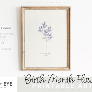 Février Naissance Mois Fleur Imprimable, Aquarelle Violet, Carte de voeux numérique, Art mural imprimable, Cadeau de la fête des mères, TÉLÉCHARGEMENT INSTANTANÉ
