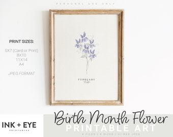 Impresión de acuarela violeta de febrero: Arte floral del mes de nacimiento (descarga digital)