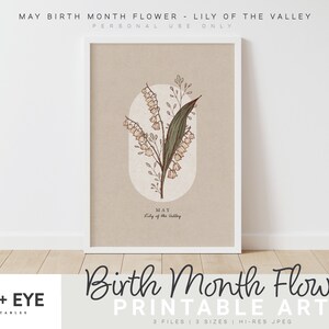 May include: A framed print with a botanical illustration of Lily of the Valley, the May birth flower. The artwork is set against a beige background within a white frame. Text at the top reads "May Birth Month Flower - Lily of the Valley".