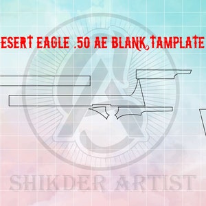 May include: Black and white line drawing template for a Desert Eagle .50 AE blank gun. The template is on a grid background.