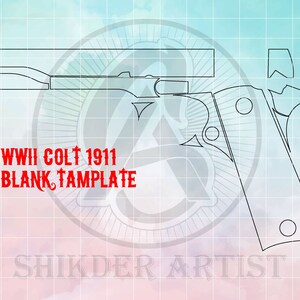 Könnte beinhalten: Eine schwarze Strichzeichnung einer WWII Colt 1911 Blankovorlage, vor einem pastellblauen und rosa Hintergrund mit einem Rastermuster. Der Text "WWII COLT 1911 BLANK TEMPLATE" ist rot. Der Künstlername "SHIKDER ARTIST" steht unten.