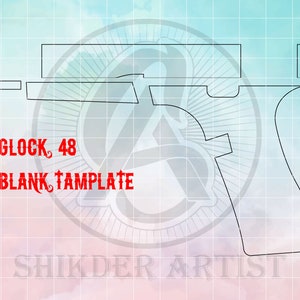 May include: A black and white line drawing of a Glock 48 pistol on a light blue and pink grid background. The text "GLOCK 48 BLANK TEMPLATE" is written in red below the image. The text "SHIKDER ARTIST" is written in black at the bottom of the image.