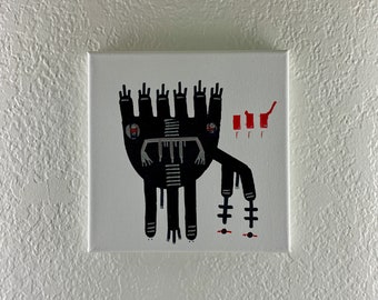 May include: Black and white abstract painting on a white canvas. The painting features a stylized figure with multiple arms and legs. The figure is surrounded by red and black geometric shapes.