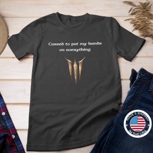 BG3 Tav Tee: &#39;Cursed to put my hands on everything&#39; - Baldur&#39;s Gate 3 Unisex Shirt, Video Games, DND Gifts, Dungeons and Dragons, Astarion