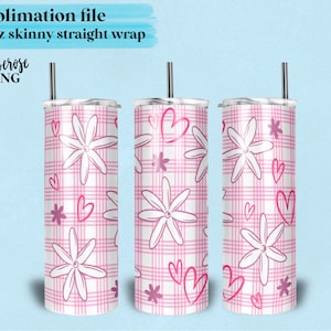 Könnte beinhalten: Sublimationsdatei für eine 20oz schlanke gerade Hülle. Das Design zeigt ein pink-weißes Karomuster mit weißen Blumen und rosa Herzen.