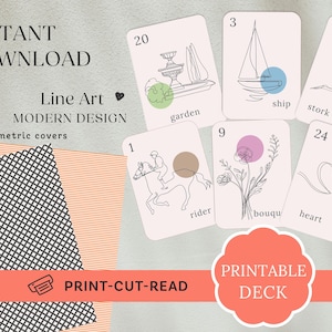 Cartas de adivinación Lenormand de diseñador, baraja Grand Tableau, tarot digital minimalista, tamaño A4, letra estadounidense, impresión instantánea, arte lineal continuo moderno