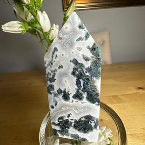 High-Quality Moss Agate Tower, Natural Druzy Moss Agate Tower, Drusy Moss Agate Tower, Polished Moss Agate Tower, White Druzy Moss Agate