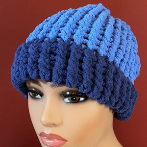 GRAND OPENING SALE. Handmade knitted super soft and trendy, warm winter hat, gift, beanie, super fluffy, Navy blue rim, light blue beanie