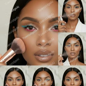 Puede incluir: Un collage de imágenes que muestran looks de delineador de ojos neón. Las modelos tienen cabello y piel oscuros, con delineador de ojos turquesa y rosa vibrante. También se presentan brochas de maquillaje y un pulverizador. El texto "NEON LINER EDITORIAL SERIES" y "6 HIGH-RESOLUTION IMAGES" es visible.